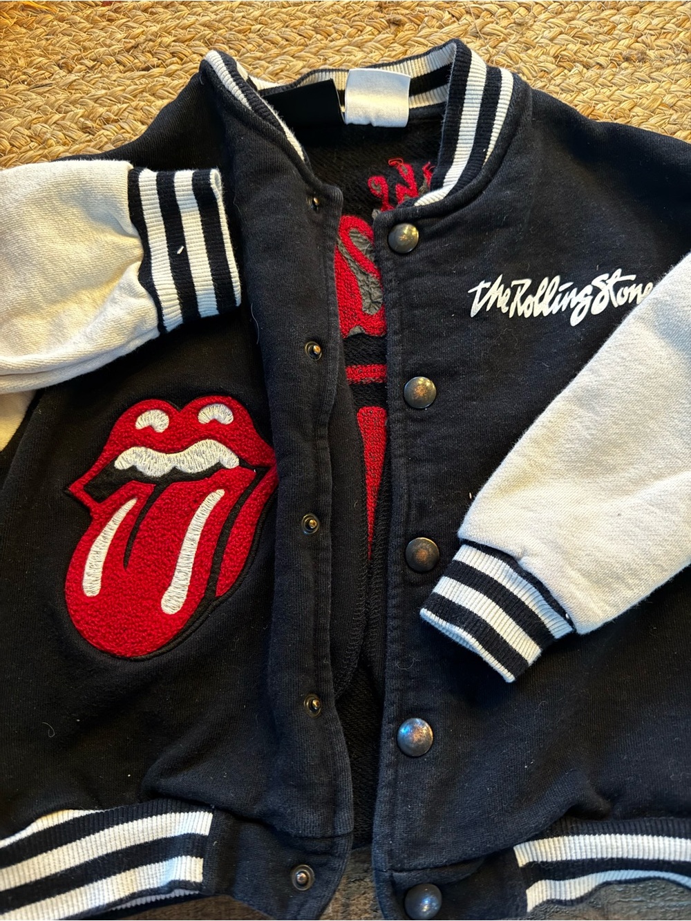Zara Kids Black & White Varsity Jacket with Red Tongue Patch